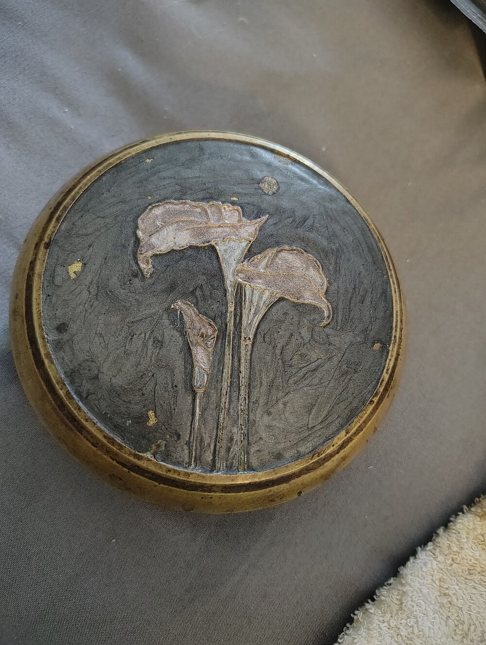 Vintage Brass Trinket Dish With Enamel Cali Lillies